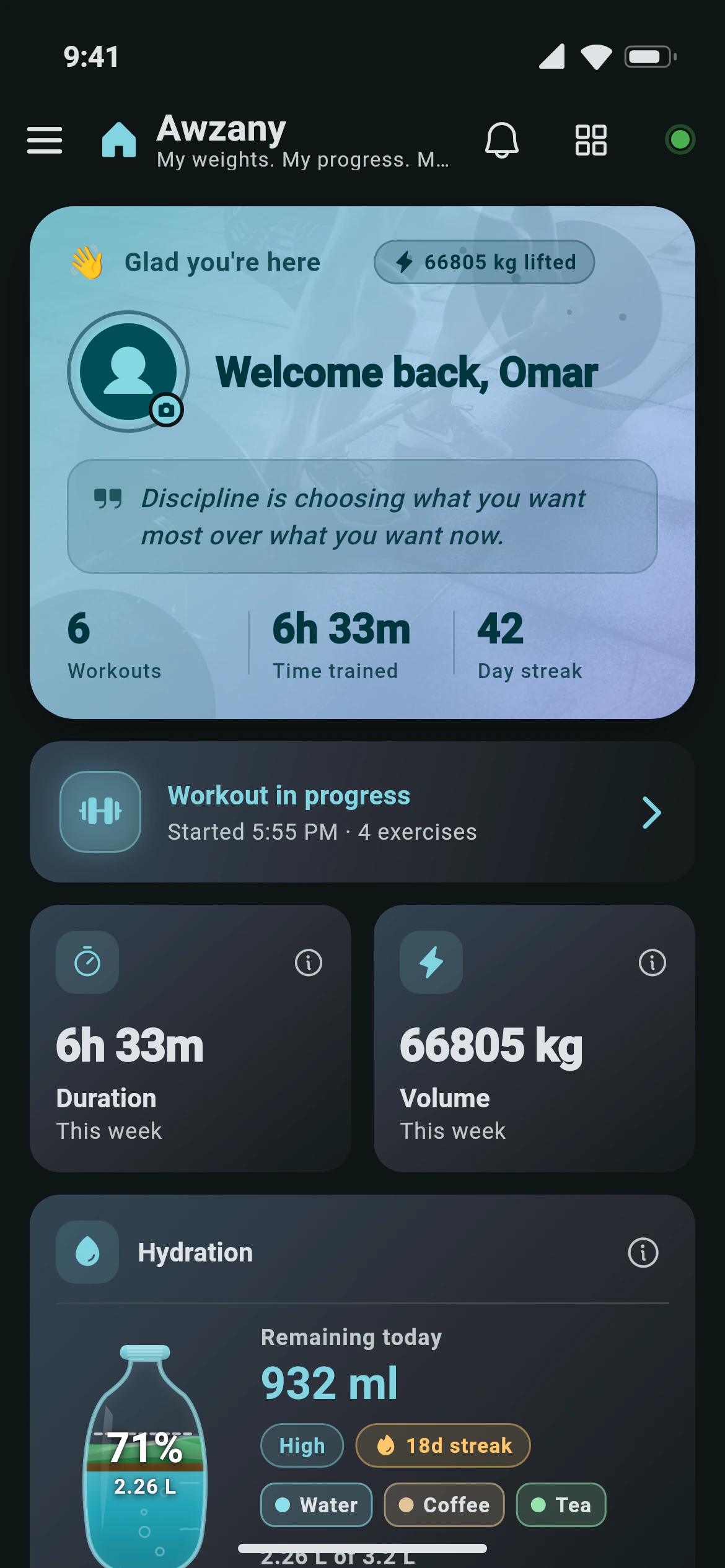 Awzany home screen with the weekly summary, the workout button and progress cards