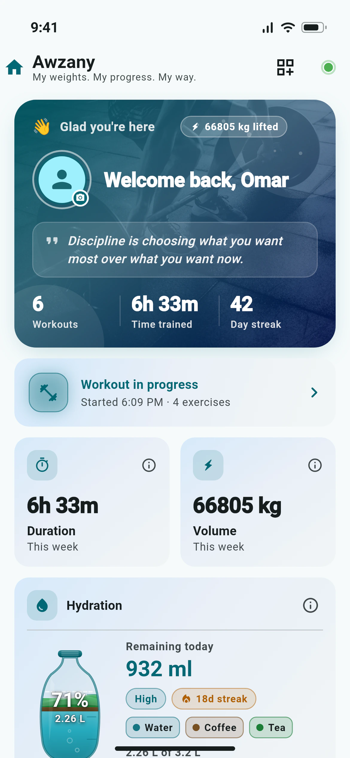 Awzany home screen with the weekly summary, the workout button and progress cards