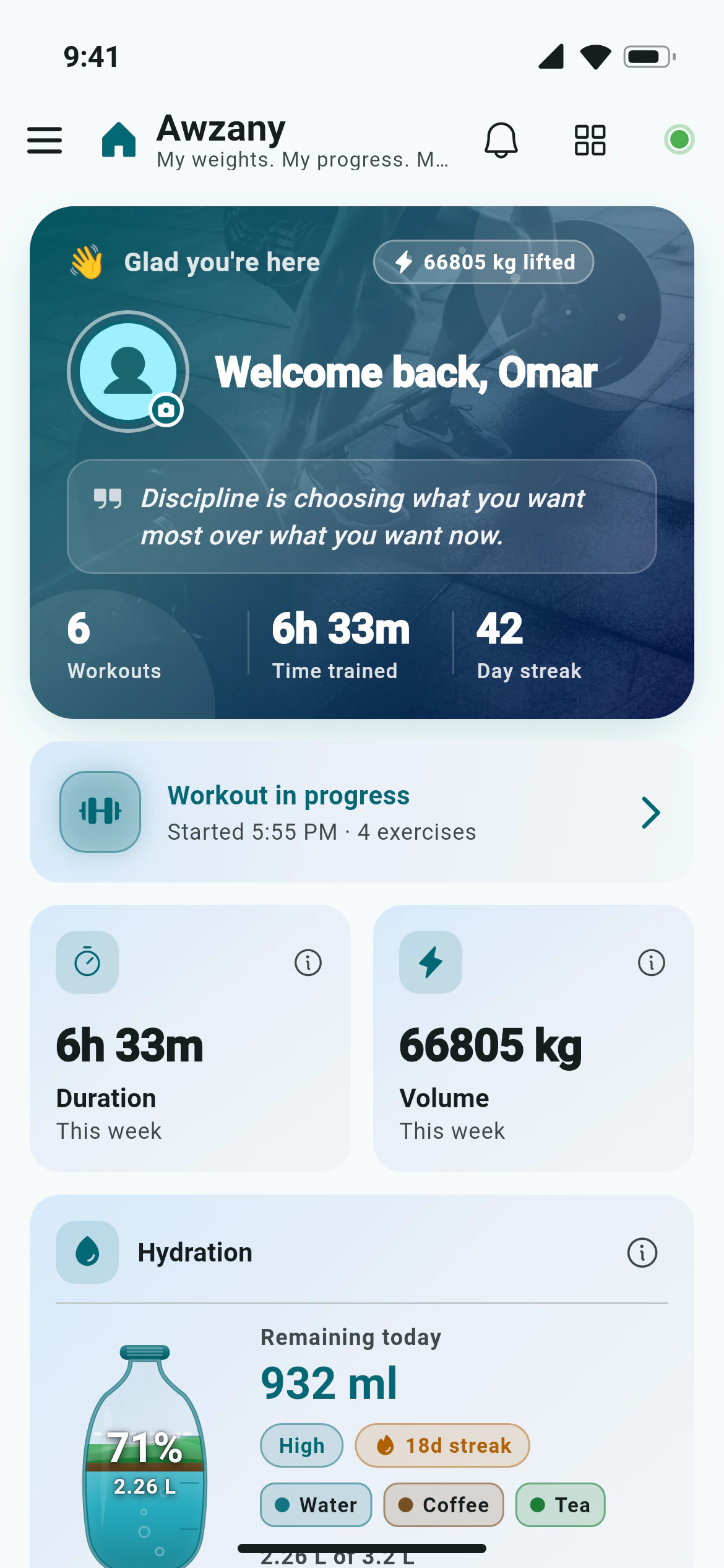 Awzany home screen with the weekly summary, the workout button and progress cards