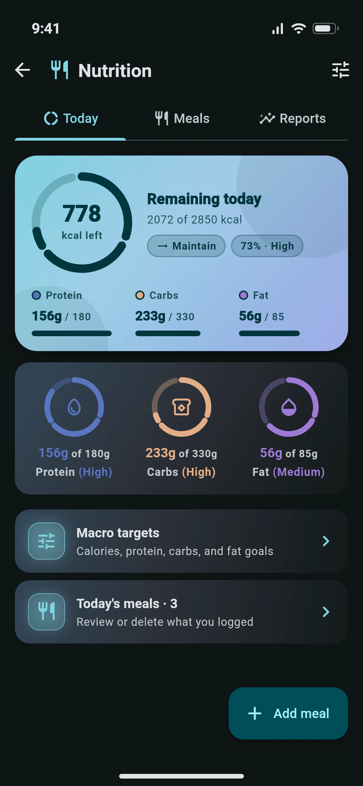 Daily calories and macros against targets in the Awzany nutrition screen
