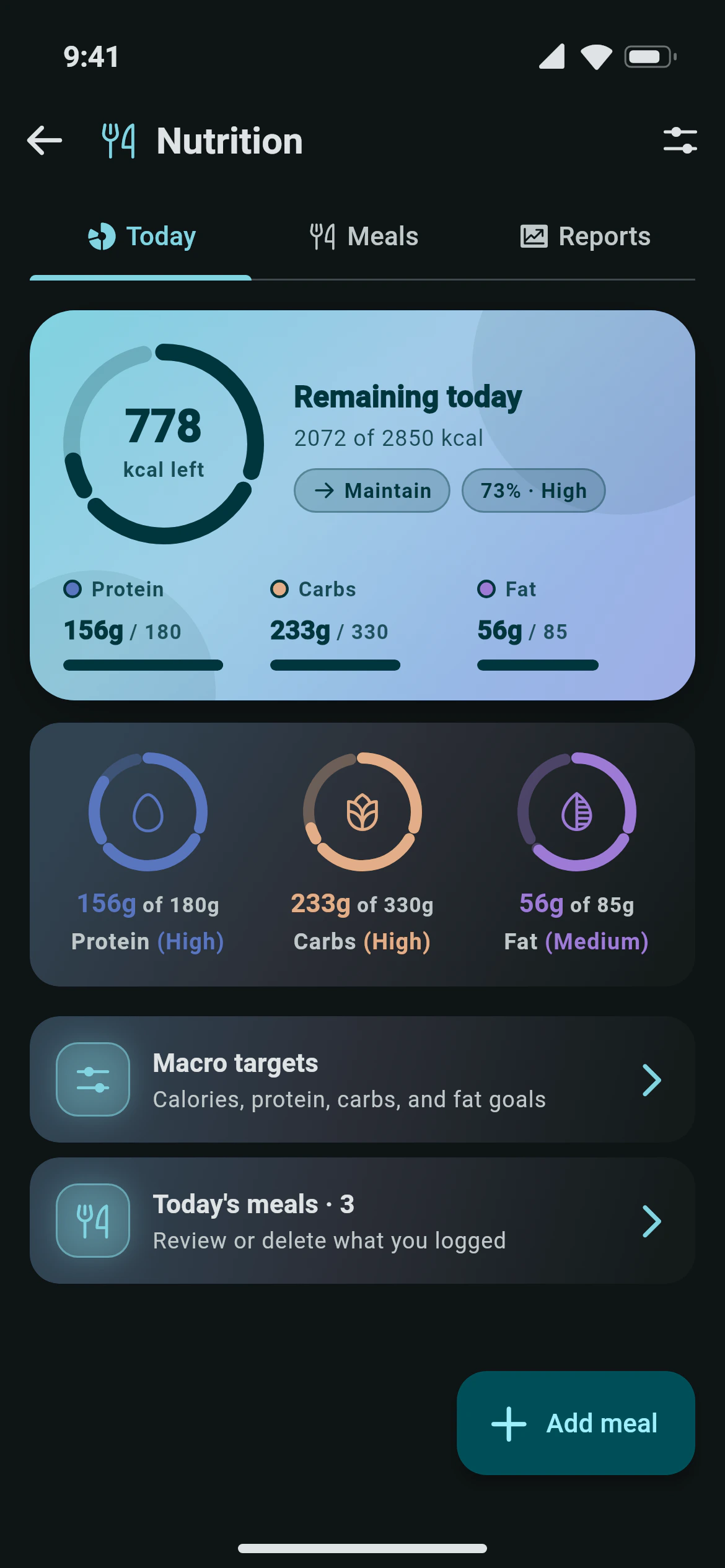 Daily calories and macros against targets in the Awzany nutrition screen