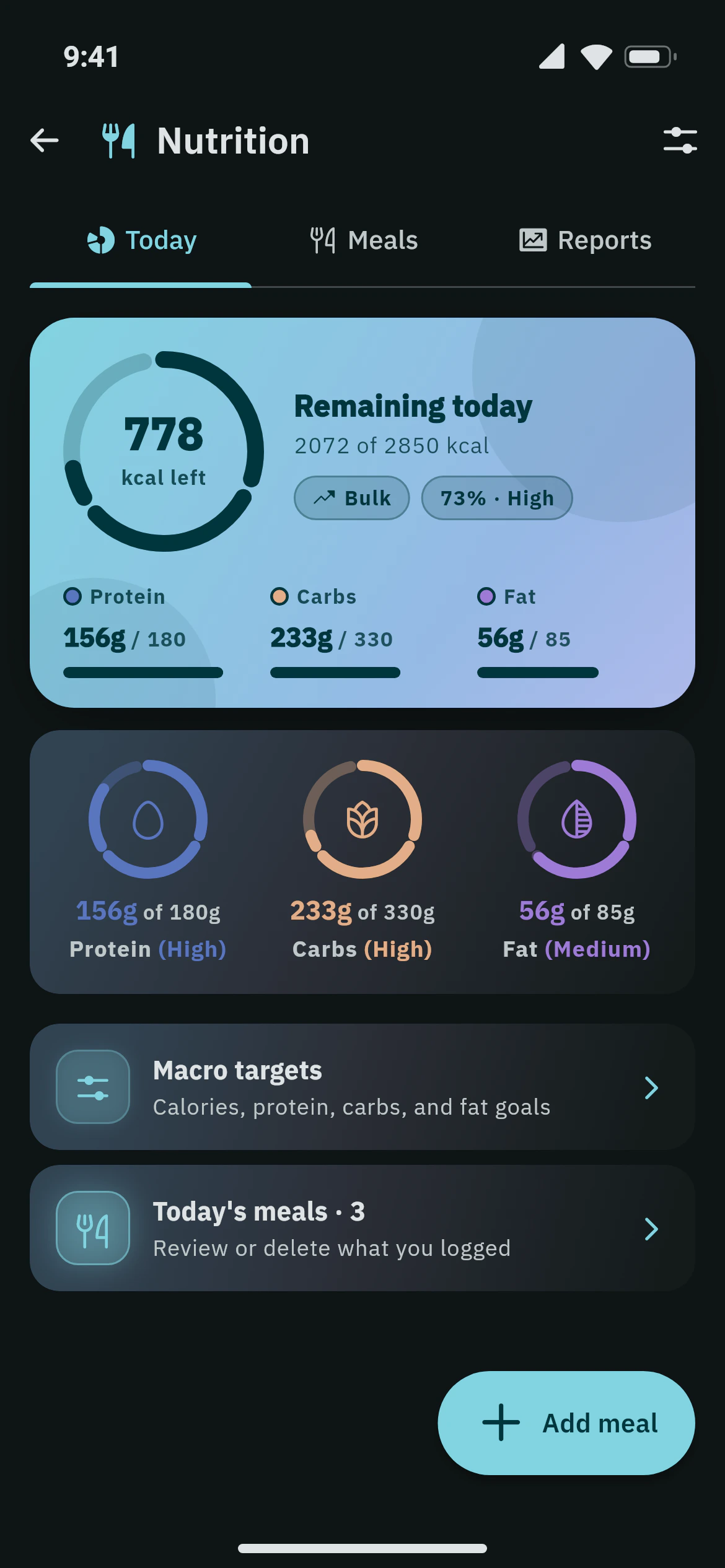 Daily calories and macros against targets in the Awzany nutrition screen