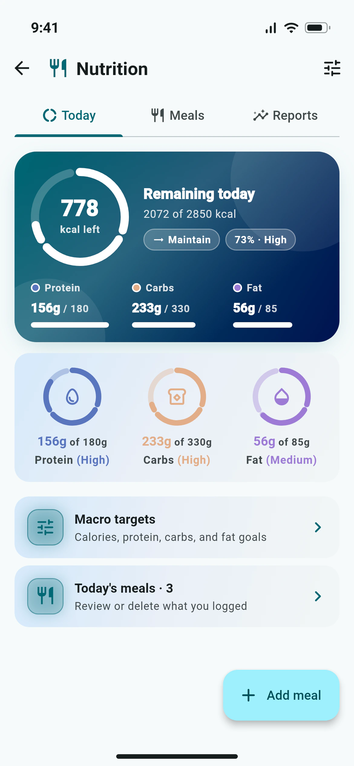 Daily calories and macros against targets in the Awzany nutrition screen