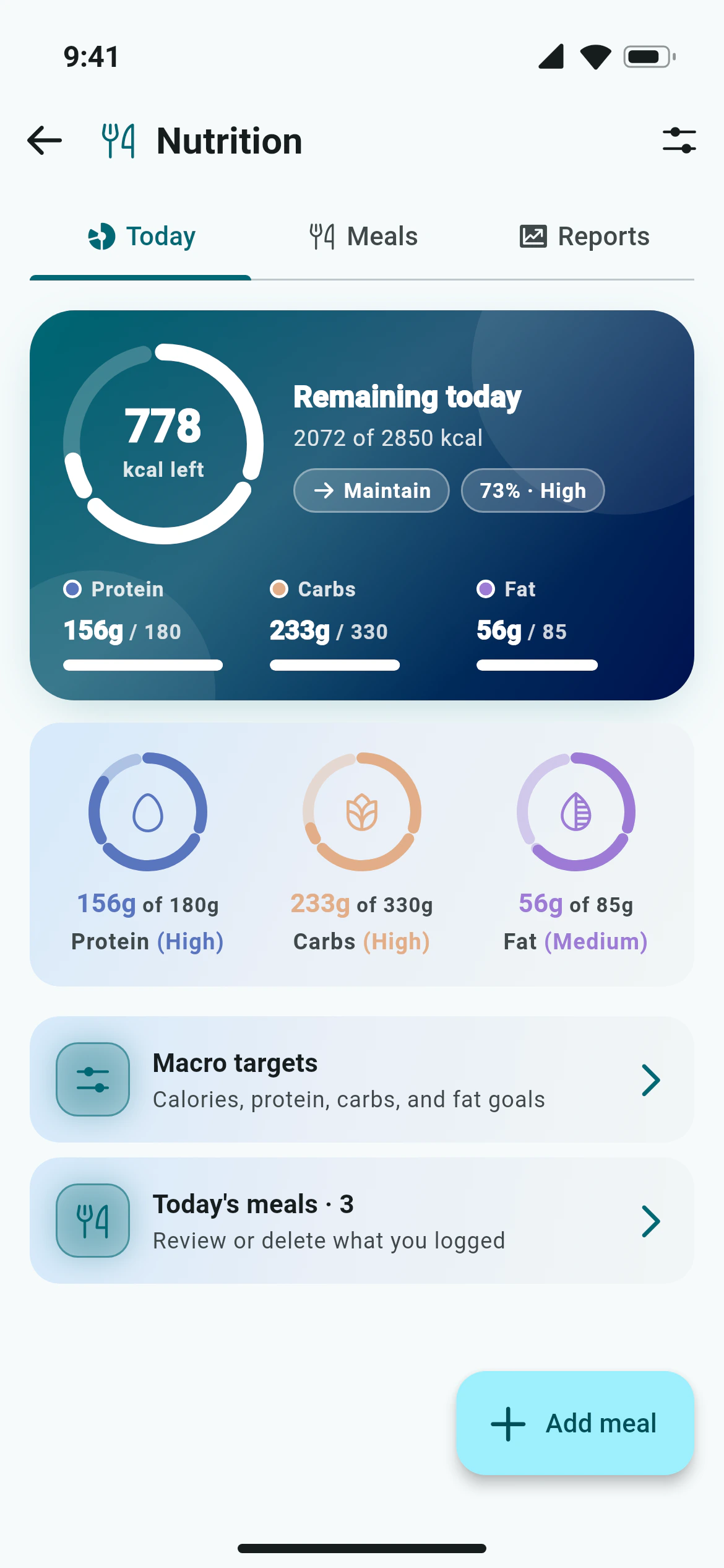Daily calories and macros against targets in the Awzany nutrition screen
