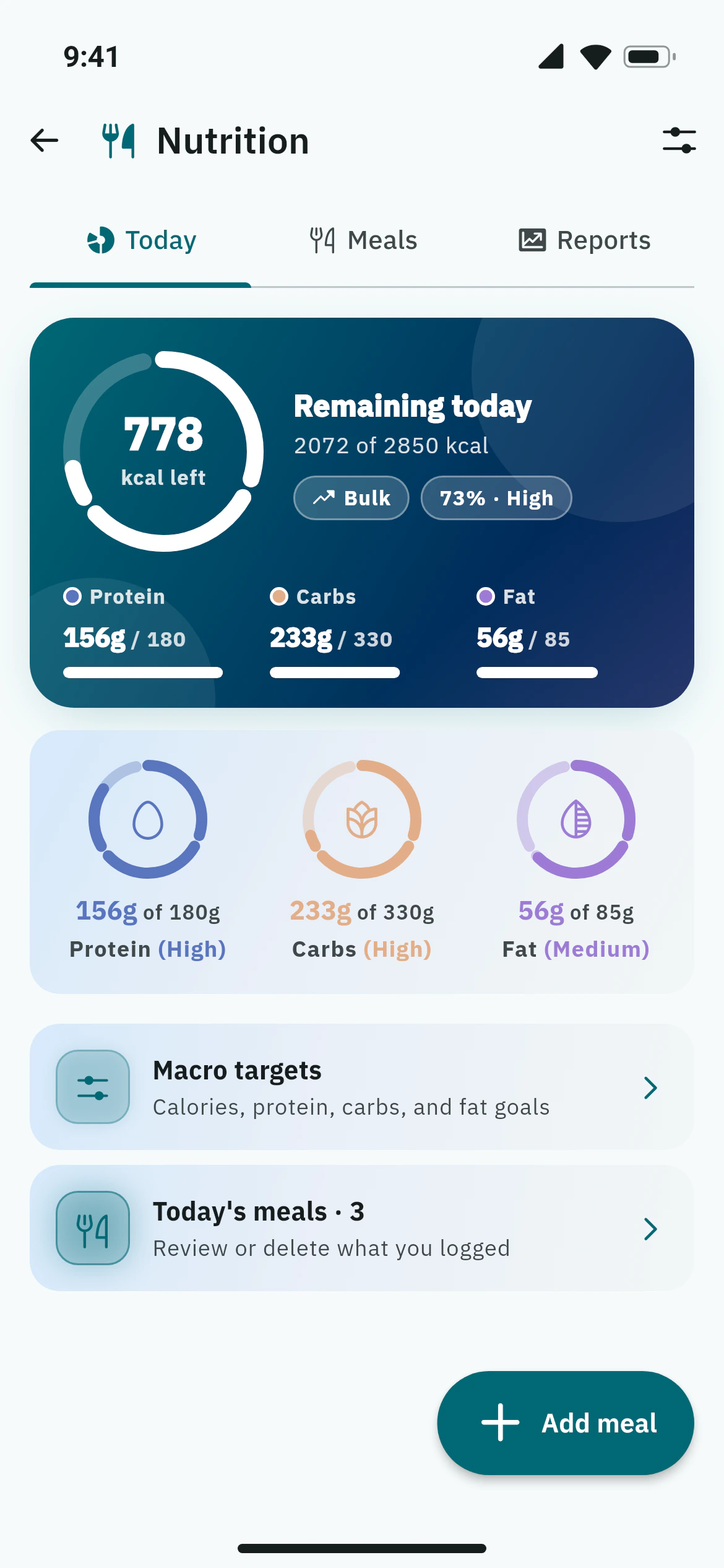Daily calories and macros against targets in the Awzany nutrition screen