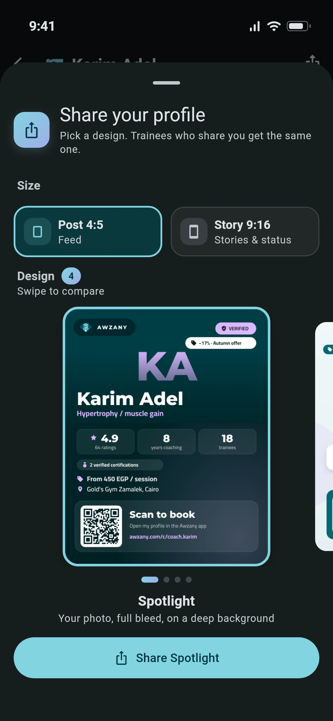 A coach share card from Awzany with a QR code, badges and rating