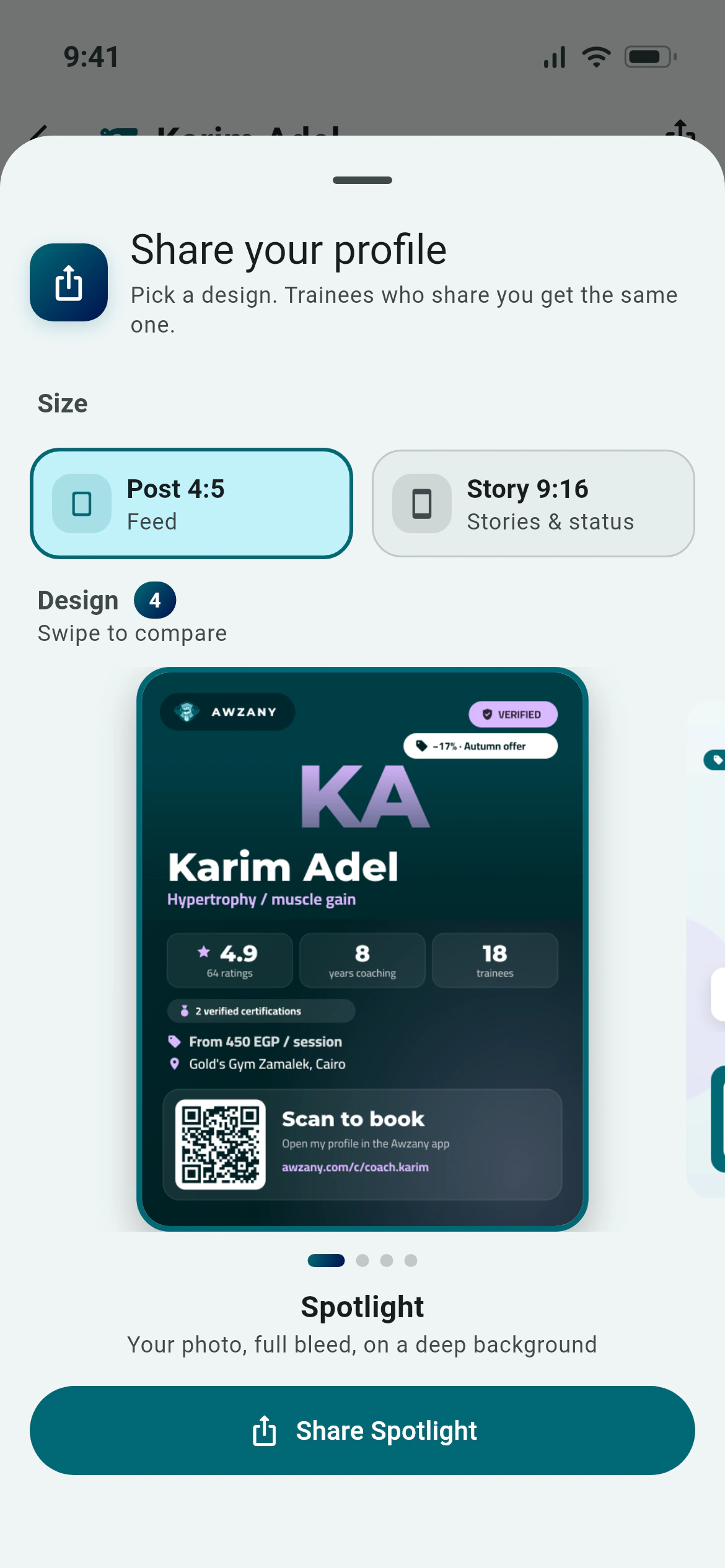 A coach share card from Awzany with a QR code, badges and rating