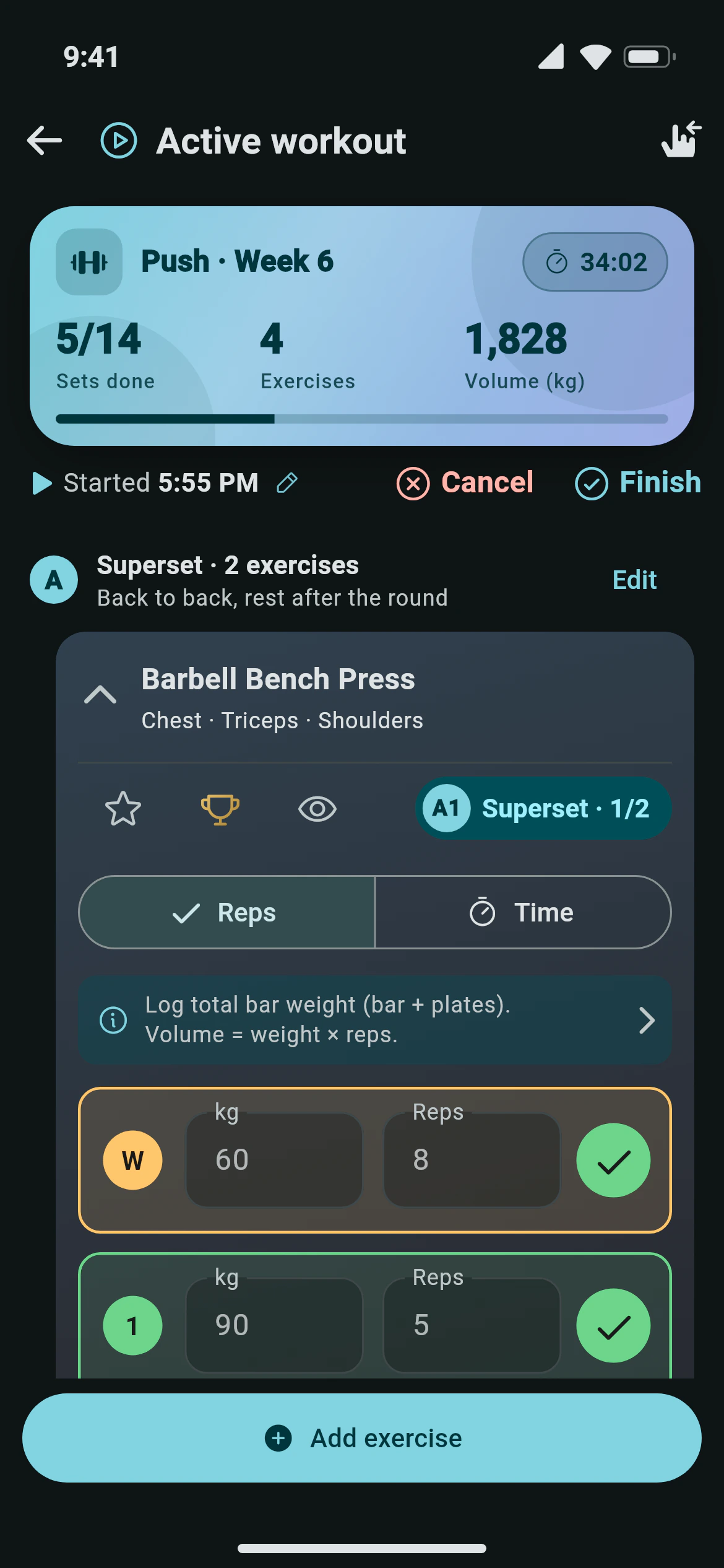 Logging sets during a workout in Awzany, with a bench and incline press superset, weights and reps