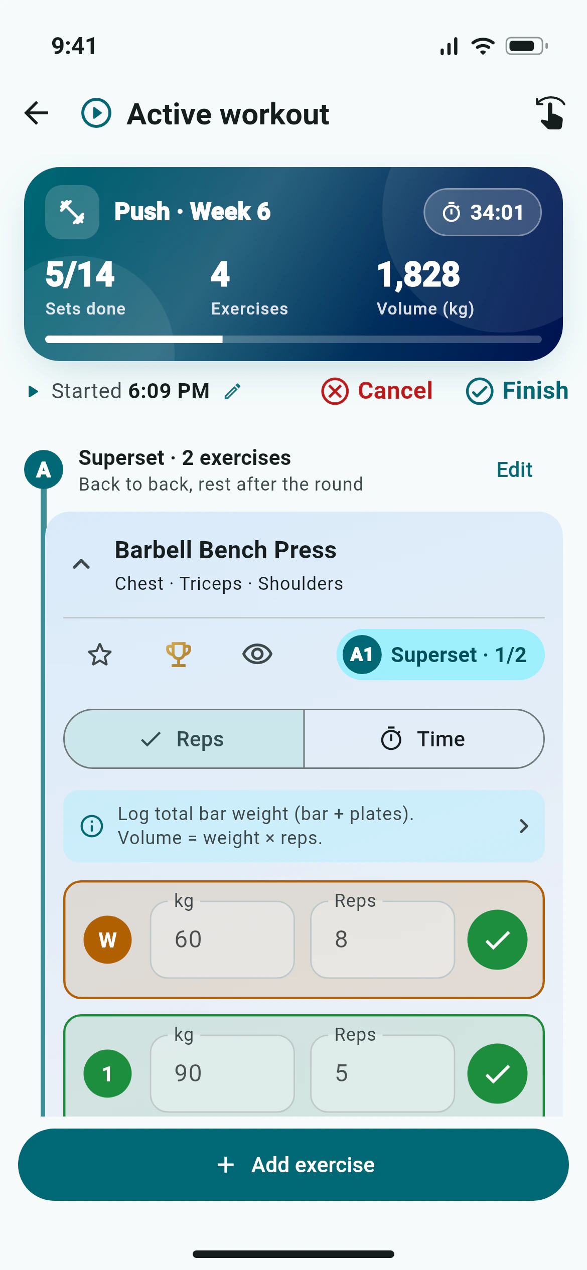 Logging sets during a workout in Awzany, with a bench and incline press superset, weights and reps