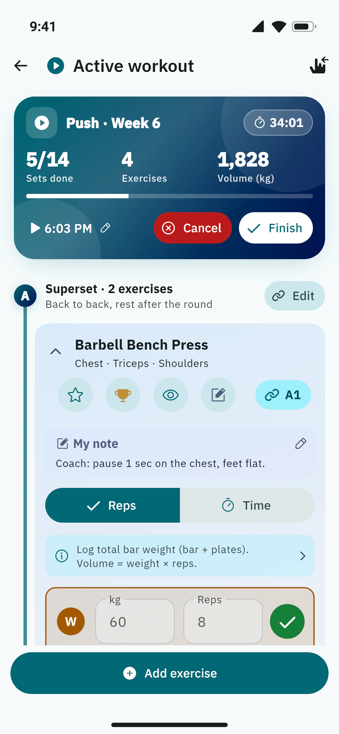 Logging sets during a workout in Awzany, with a bench and incline press superset, weights and reps